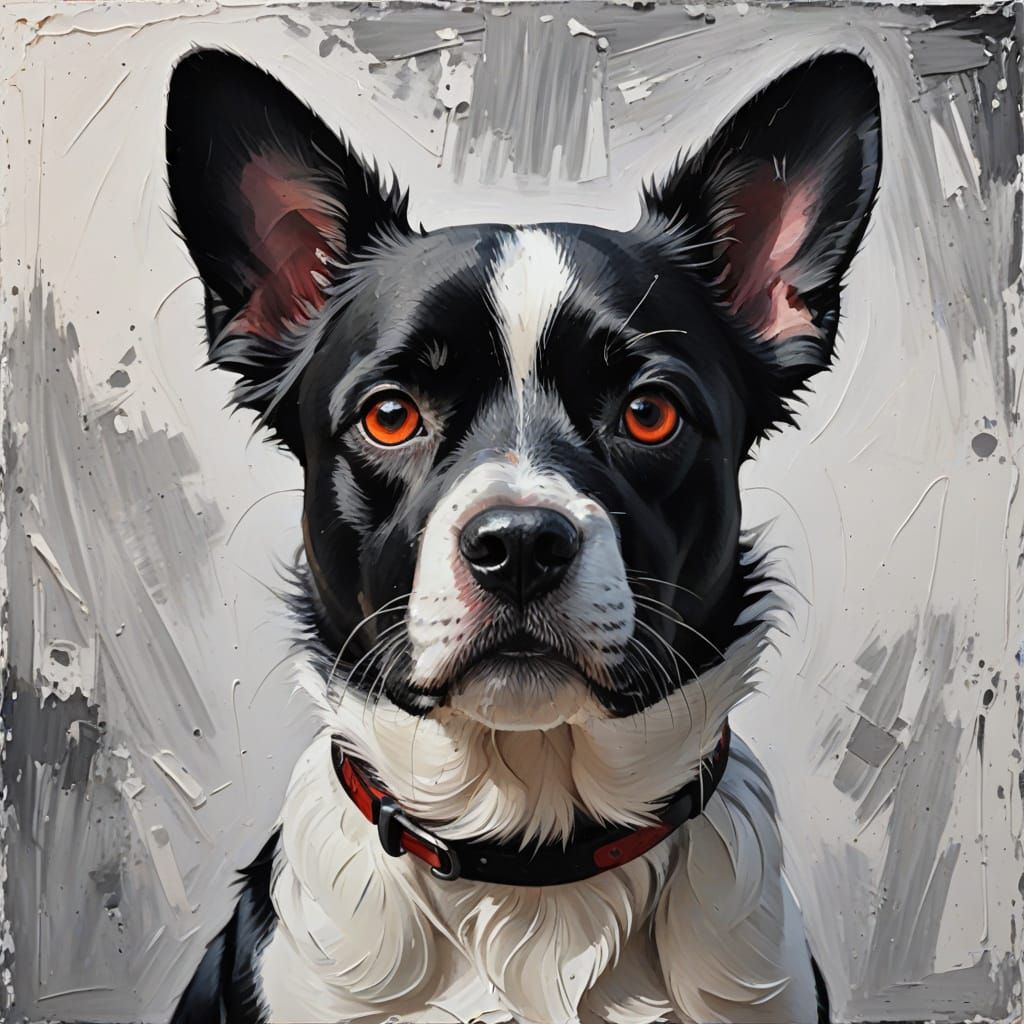 Vibrant Black and White Dog in Impasto Art