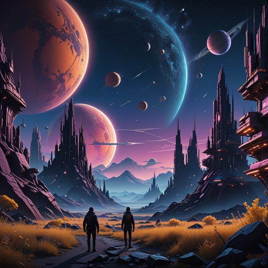 Surreal Cosmic Landscape with Nebulae and Planets in Hyper-D...