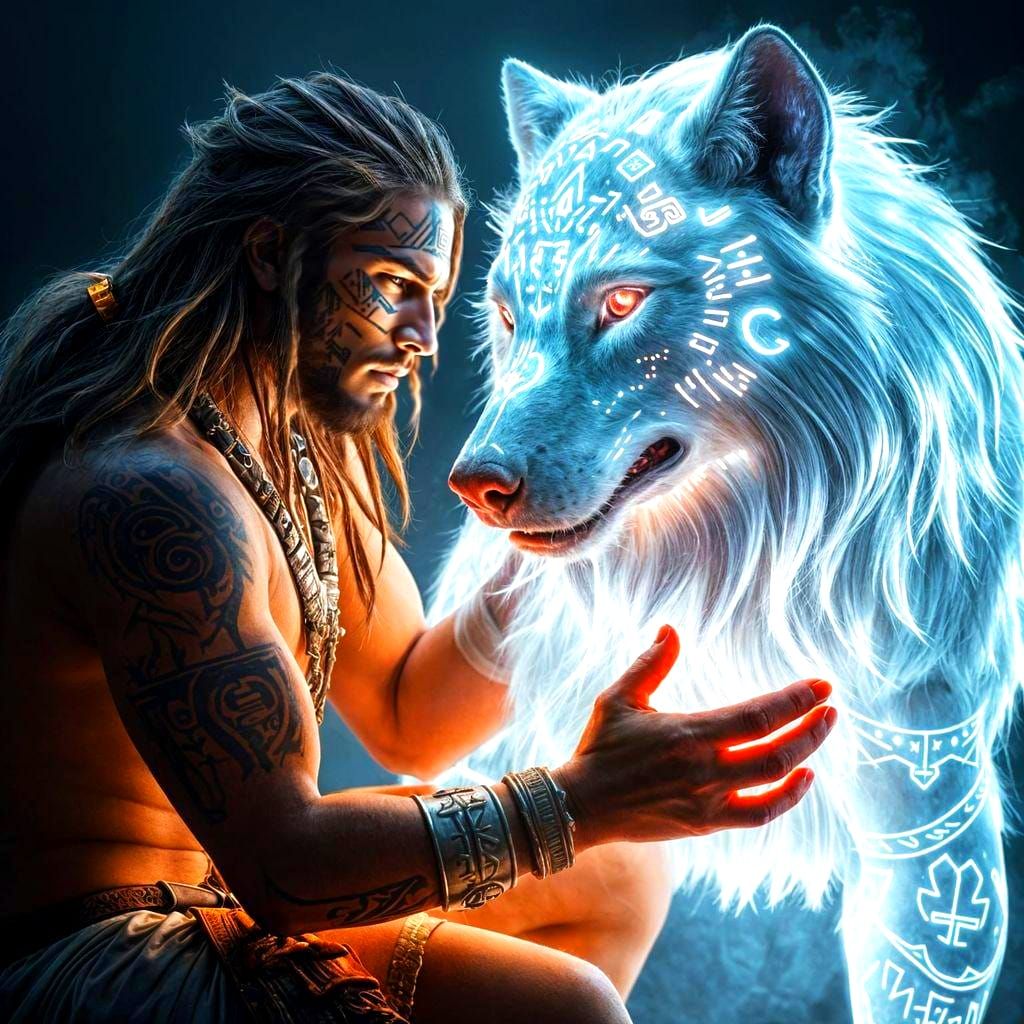 Warrior and Prismatic Wolf Portrait in Fantasy Style