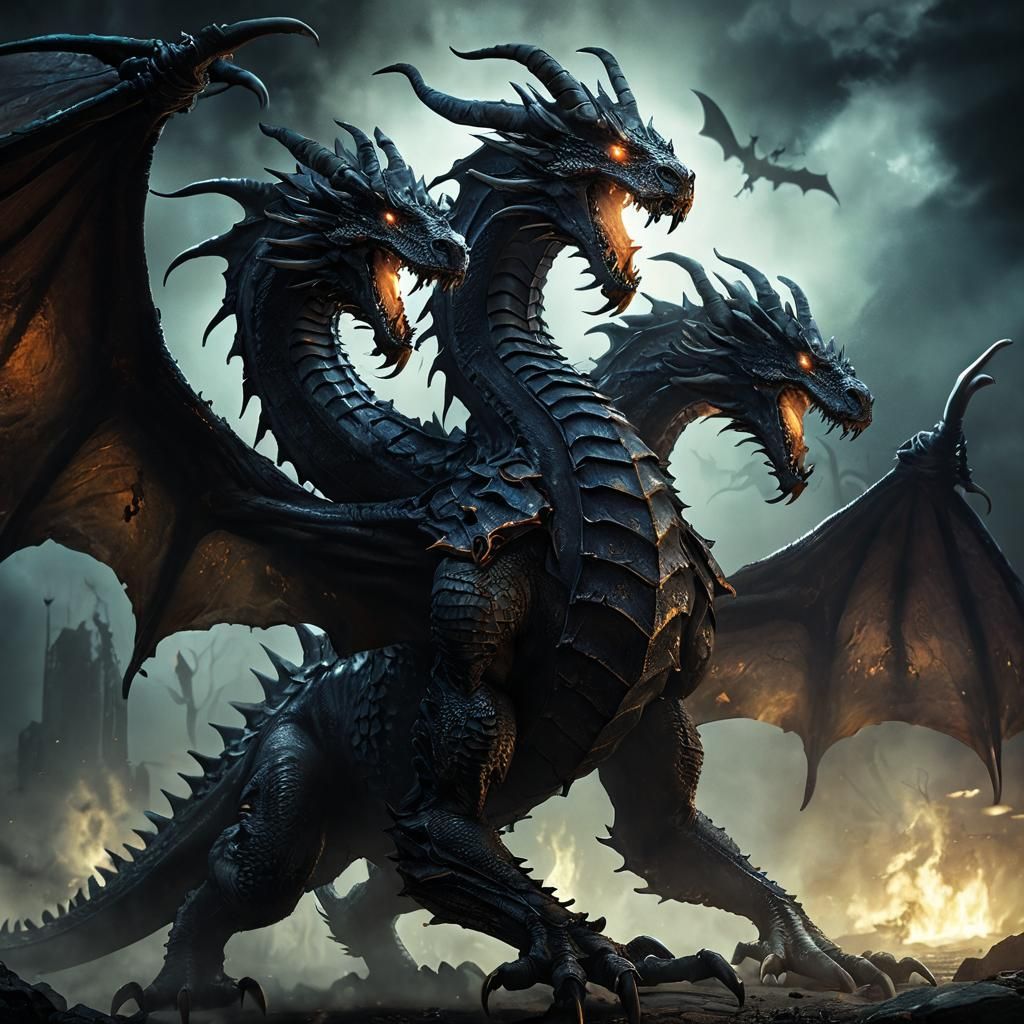 Three-Headed Hydra Dragon in Dark Fantasy Style