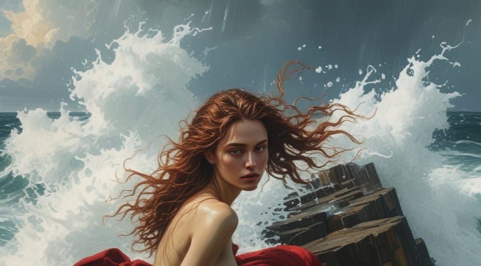 Young Woman in Red Towel on Breakwater