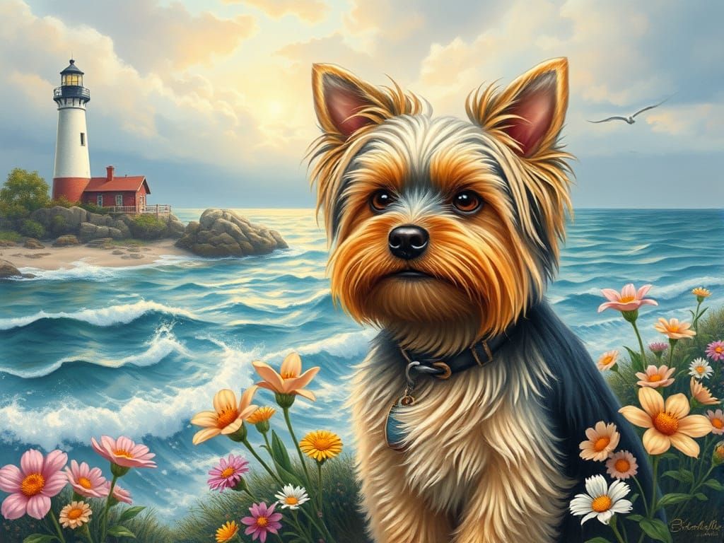 Whimsical Cottage Scene with Lighthouse and Flowers in Folk ...