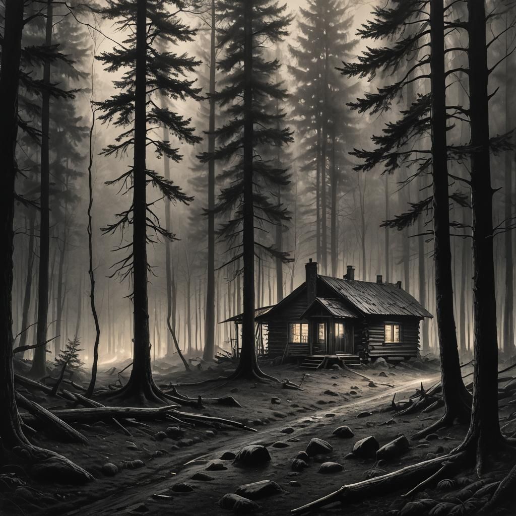 Misty Forest Cabin: Hyperdetailed Charcoal Drawing
