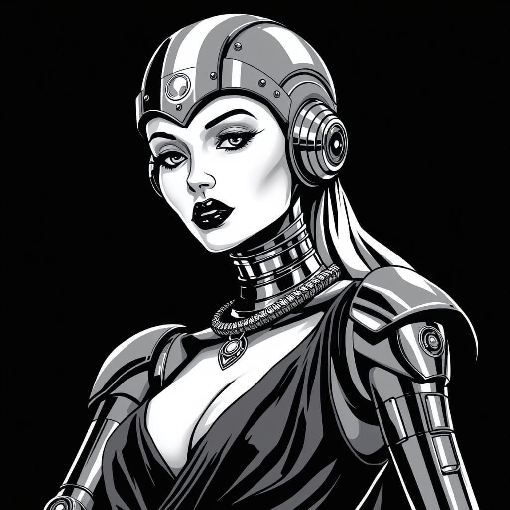 1930s Film Noir Android Starlet in Metallic Black and White