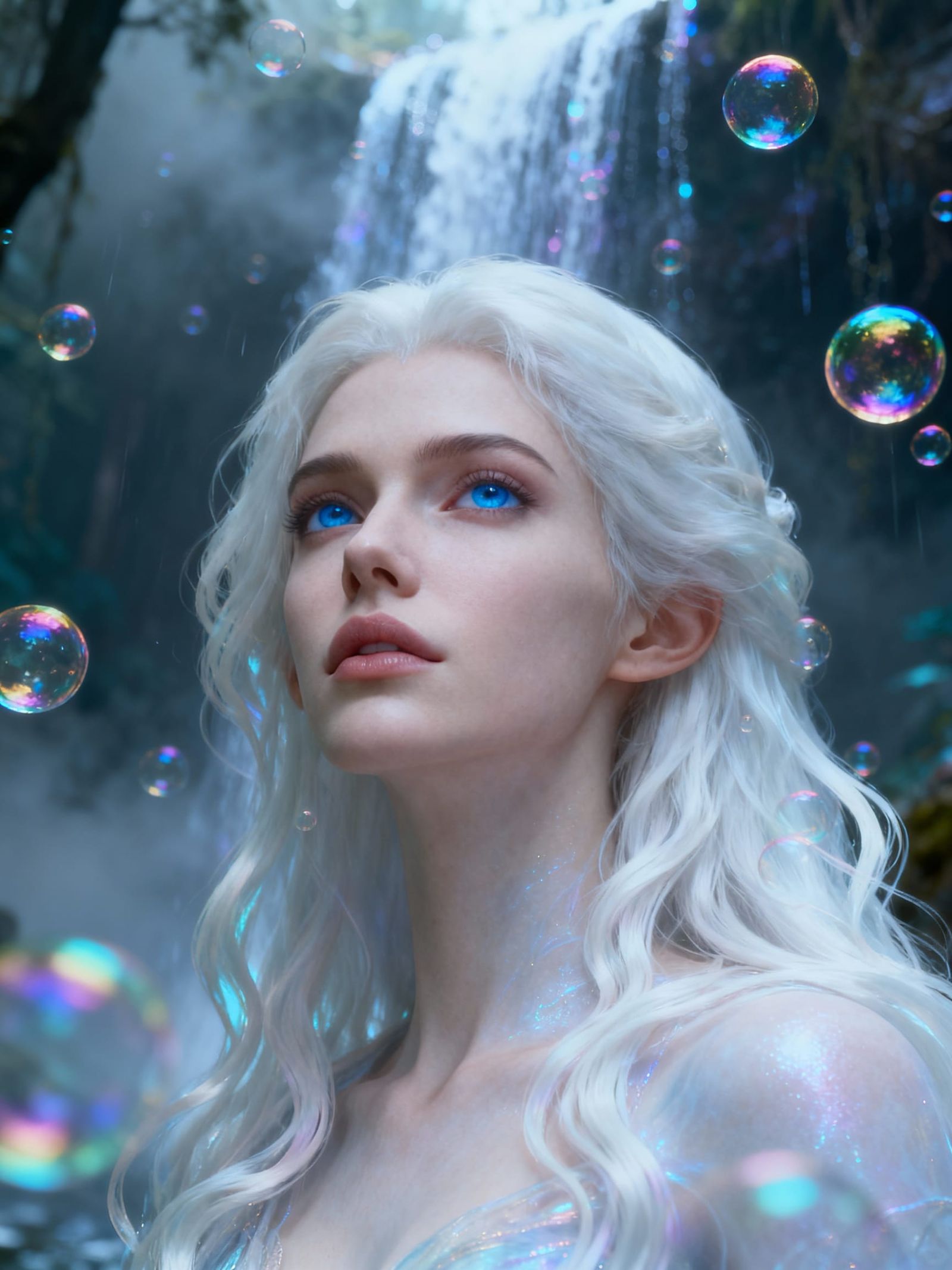 Ethereal Woman Under Magical Waterfall in Mystical Forest