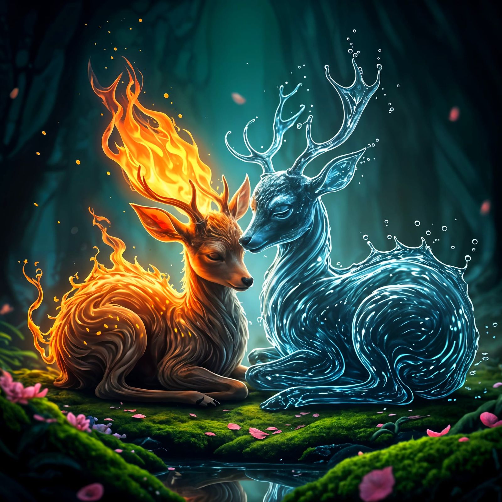 Magical Baby Deer Made of Fire and Water