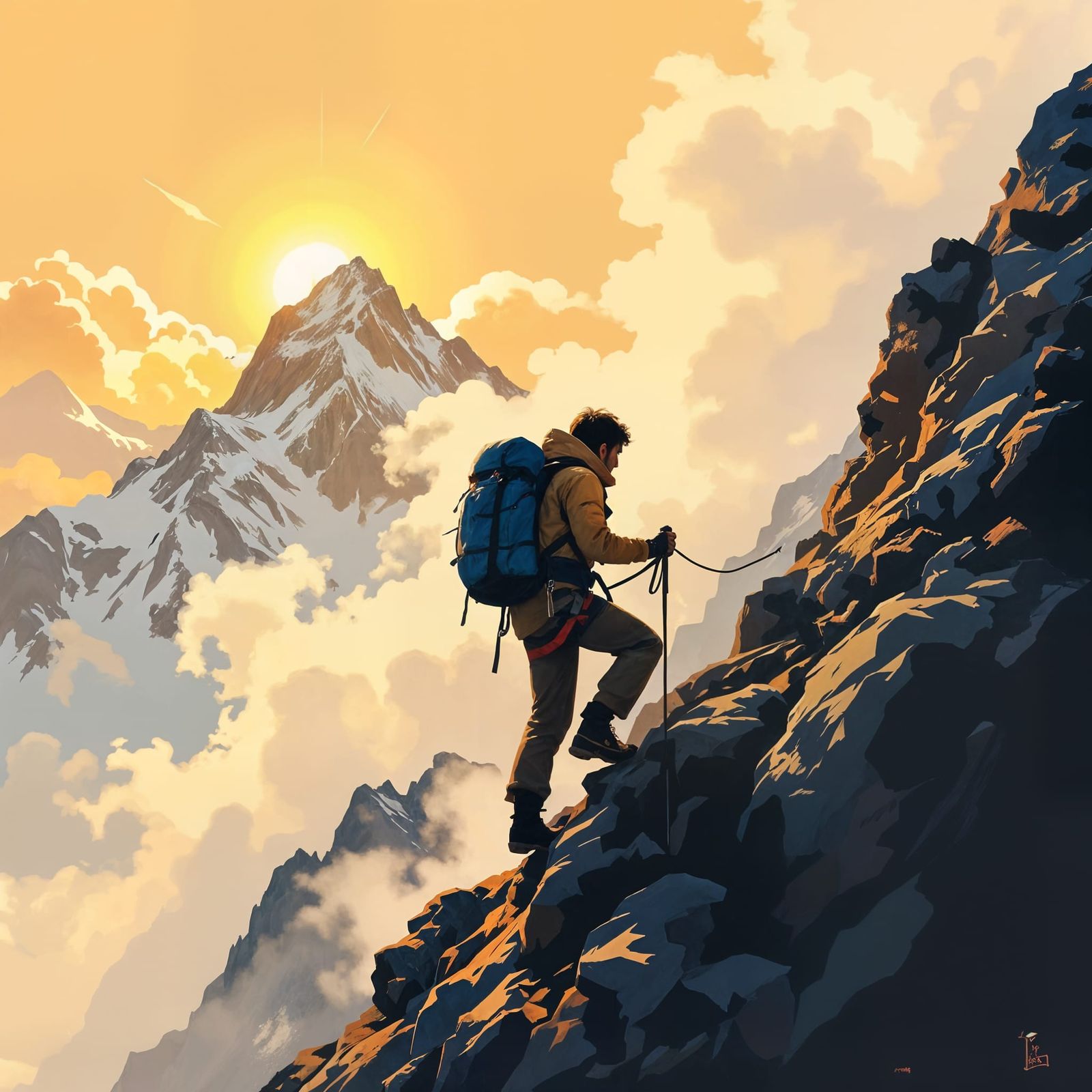 Gouache Mountain Climbing Masterpiece with Thick Brush Strok...