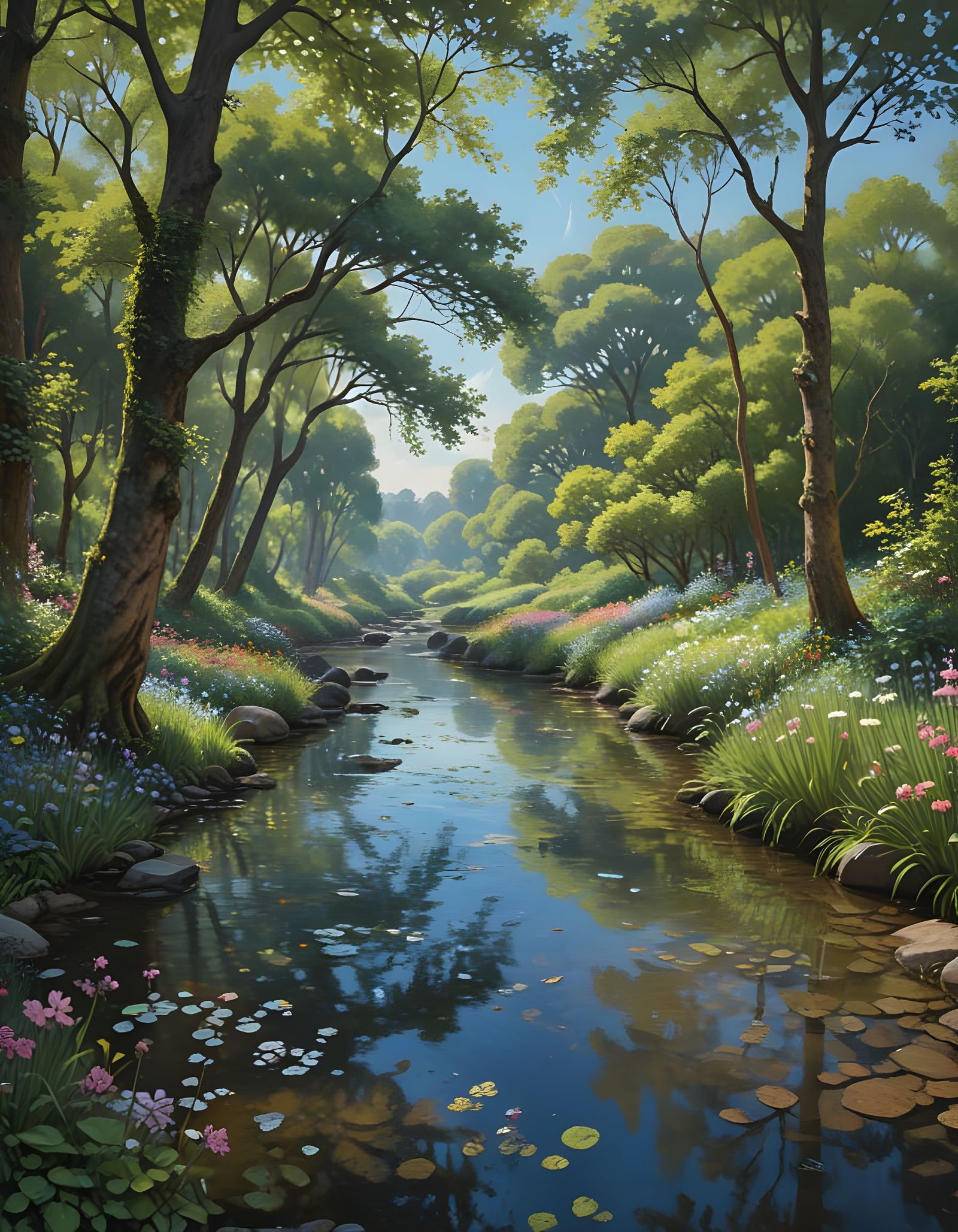 Vibrant Streamside Landscape in Impressionist Gouache Style
