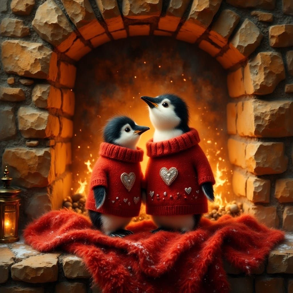 Charming Penguin in Cozy Fireplace Scene