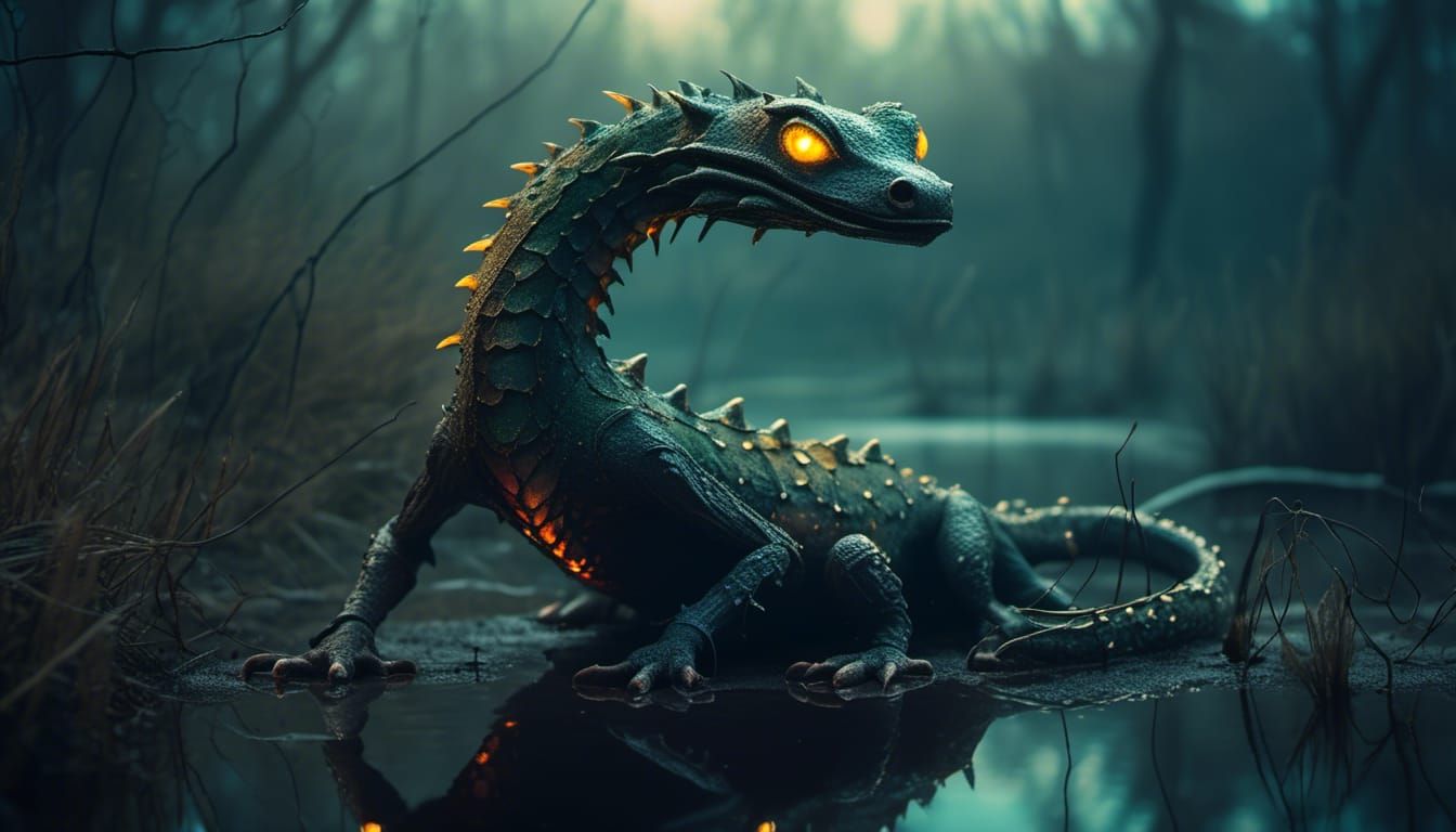 Neon Gothic Salamander-Dragon Emerges from Eerie Swamp