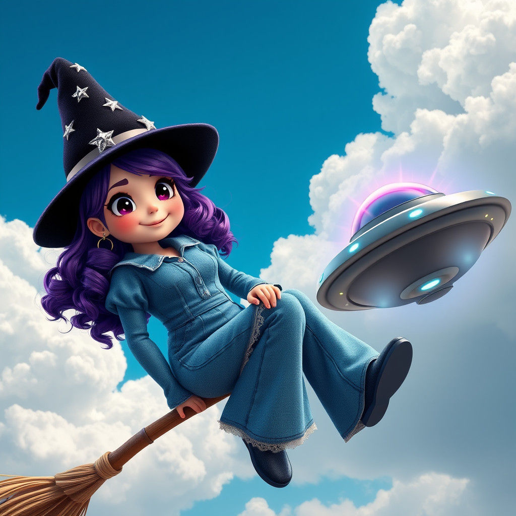 Whimsical Girl Witch Rides Broomstick Beside UFO