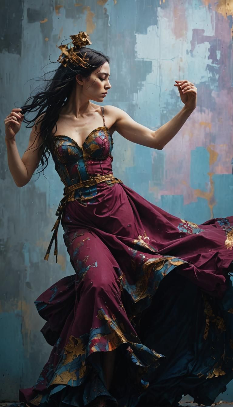 Melancholic Woman Dissolving into Byzantine Industrial Wall