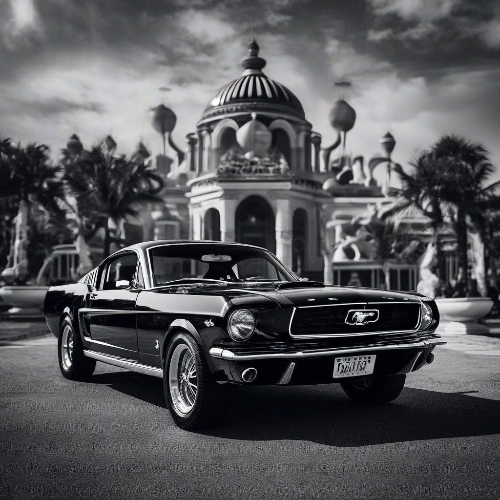 Ford mustang, macrolens_bokeh; depth_of_field; line_art; maximalism; intricately_detailed; breathtaking portrait; high_c...