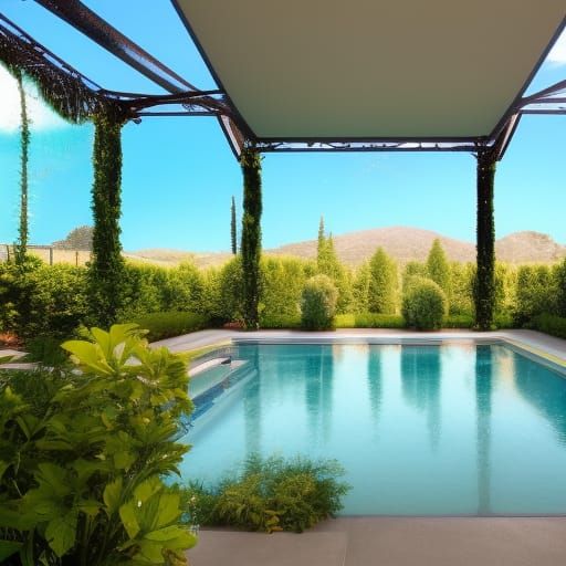 Swimming pool in a lush  garden partly covered by pergola.