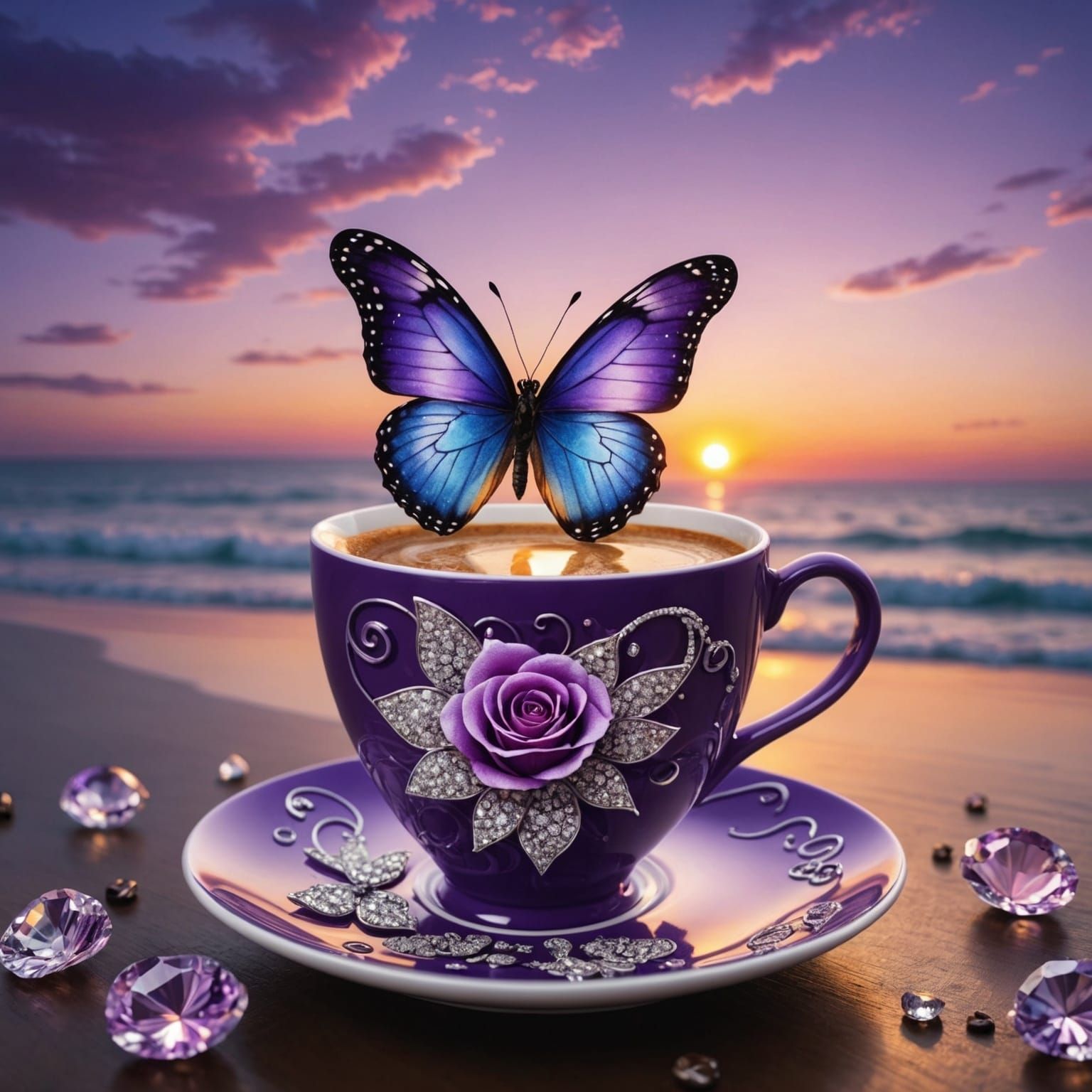 Purple Butterfly in Coffee Cup: 3D Diamond Painting