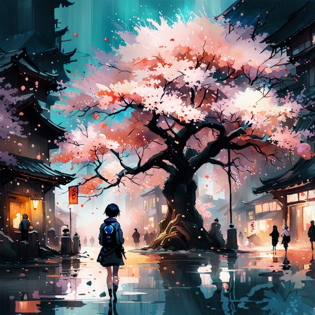 Glowing Sakura Tree Watercolor Painting