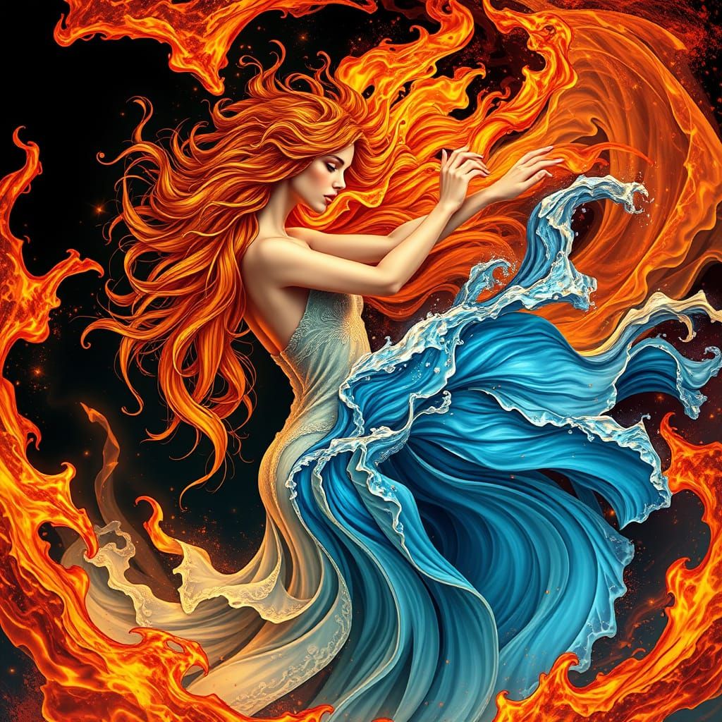 Ethereal Goddess Dances with Fiery Counterpart Amidst Swirli...