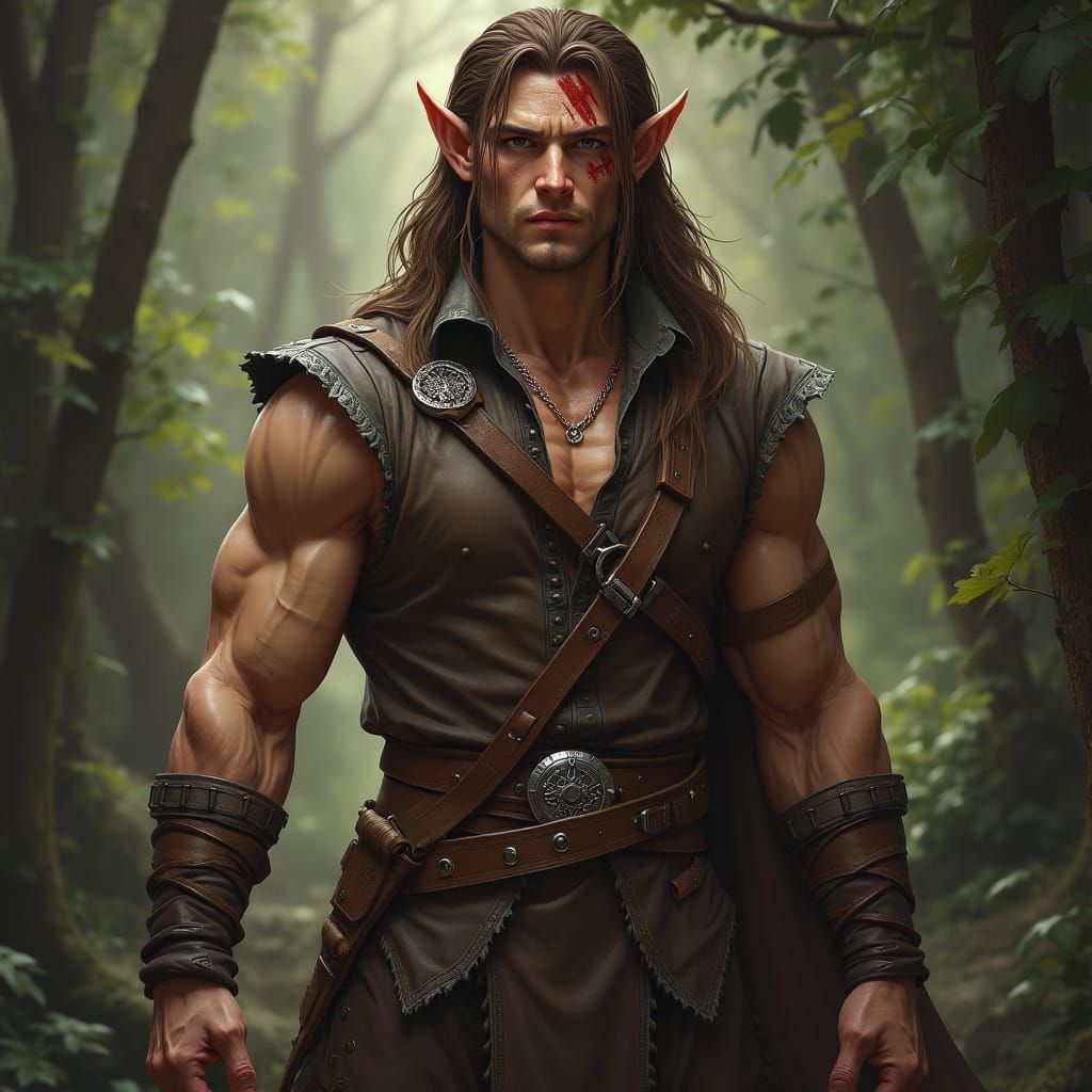 Strong Elf Druid in Leather Attire
