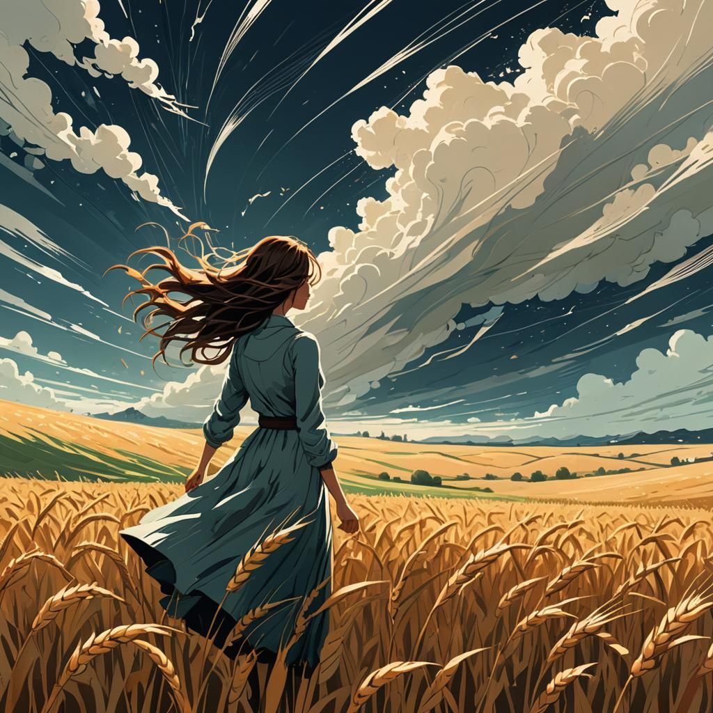 Girl in Wheat Field as Storm Approaches