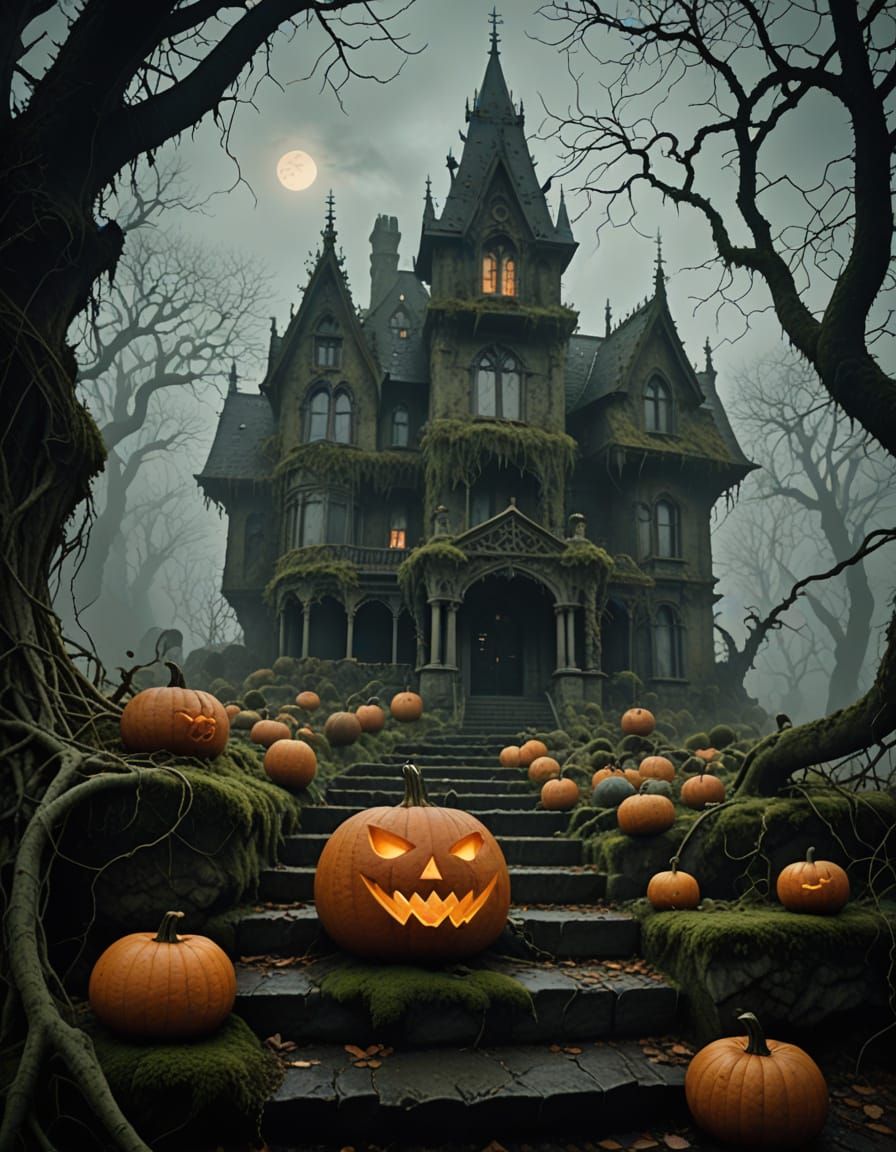 Gothic Mansion in Mist with Glowing Pumpkin