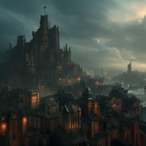 Dark Medieval Town in a Fantasy Landscape