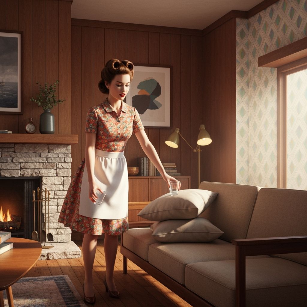 Vintage Woman Tidies Mid-Century Modern Living Room