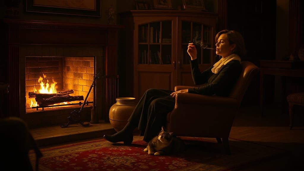 Woman Smoking by Fireplace in Vettriano Style