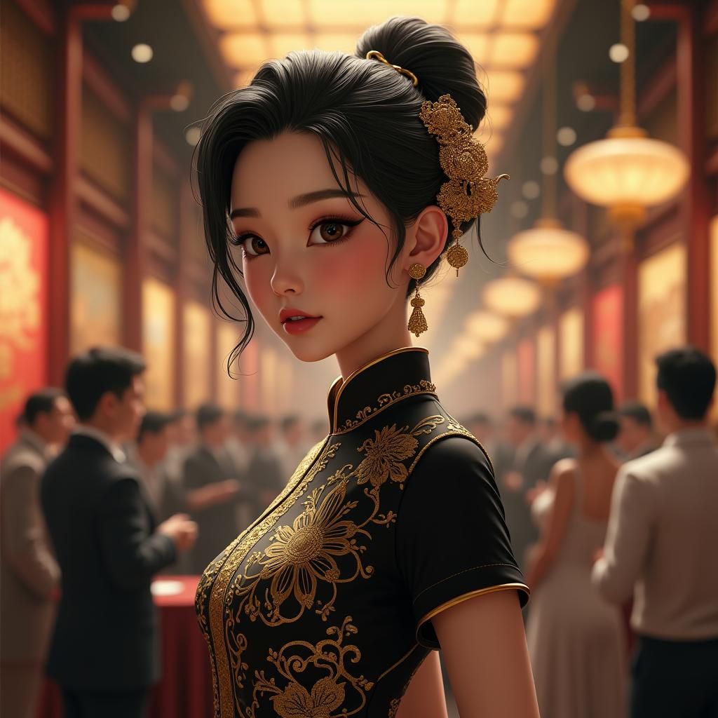 Elegant Asian Woman Overseeing Auction in Cyberpunk Style