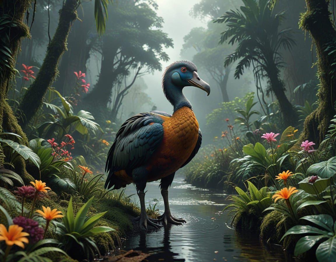 Dodo in Lush, Misty Jungle Landscape