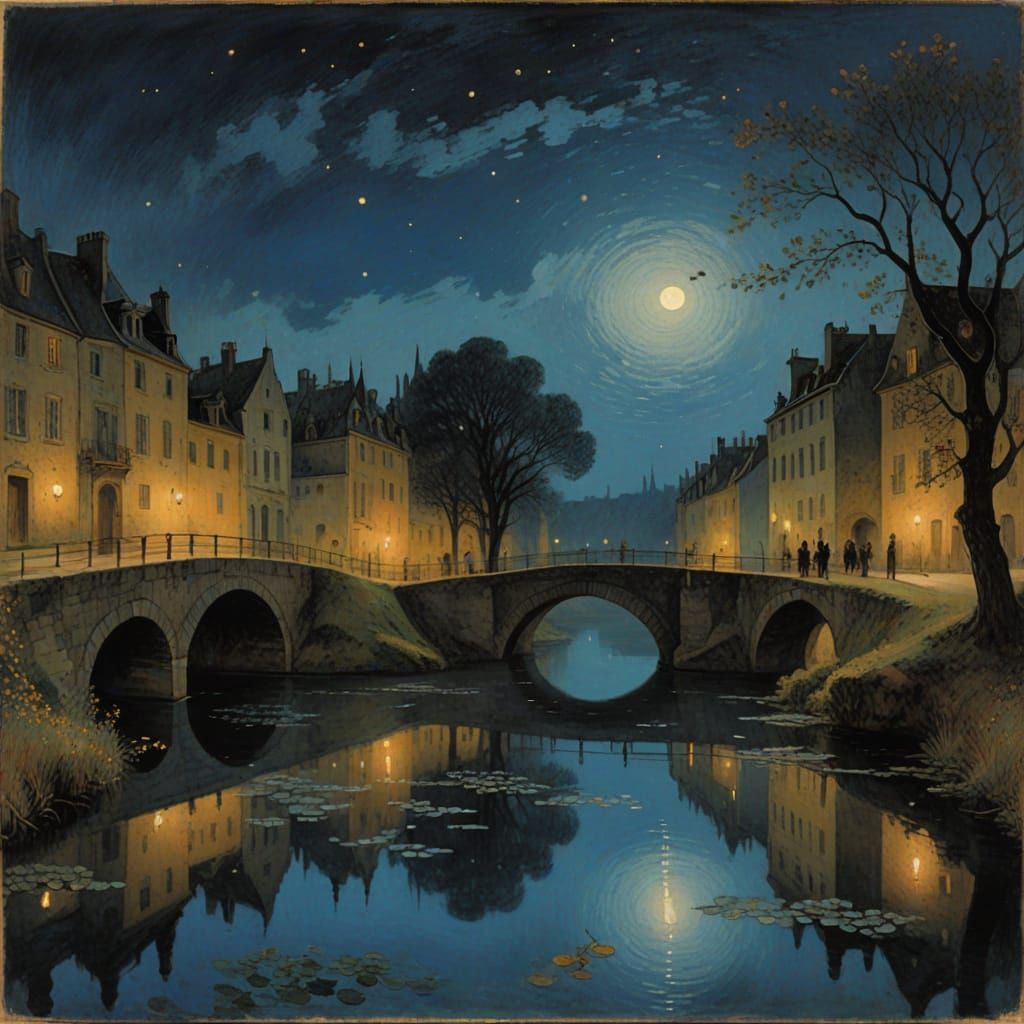 Ancient Bridge over the Loire River at Night