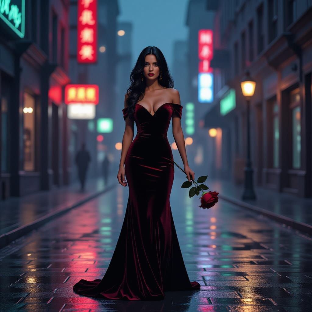 Noir Woman in Rainy Cityscape with Rose
