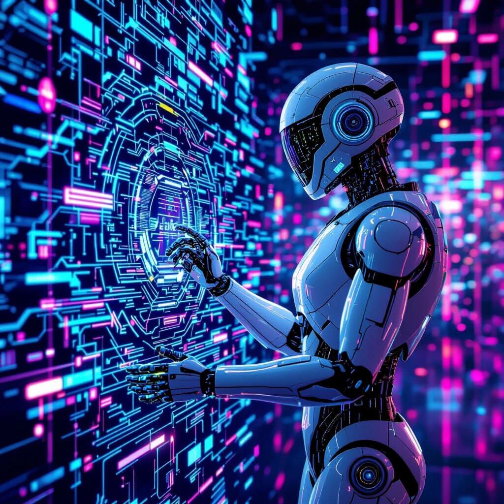 AI Robot Interacts with Data Streams in Cybernetic Style