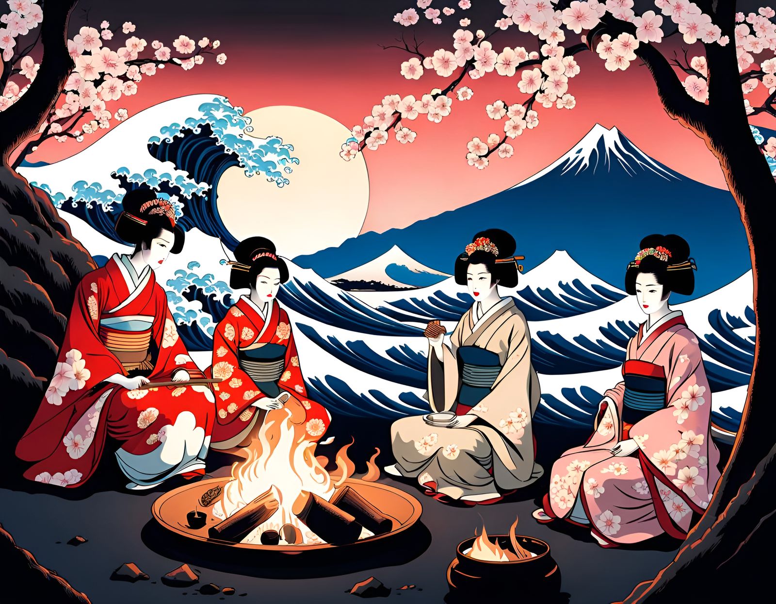 Geisha Campfire Under Great Wave: Ukiyo-e Art