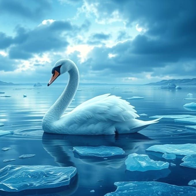 Blue Swan on Icy Lake with Cloudy Sky