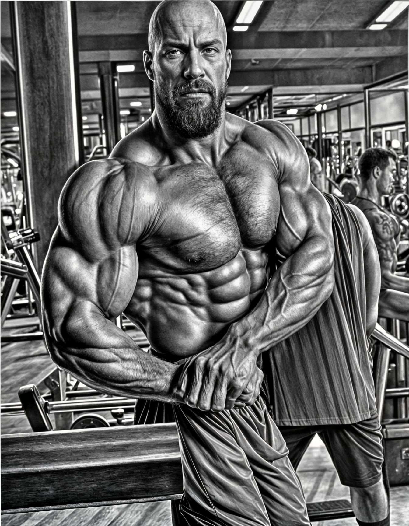 Muscular Bald Man Poses in Gym as Detailed Pencil Sketch