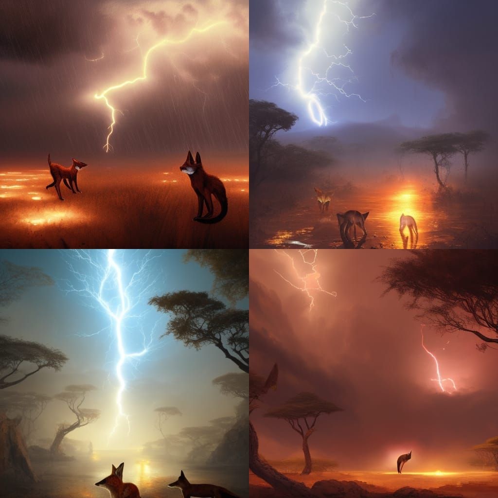 Magical Foxes in African Desert Lightning Storm