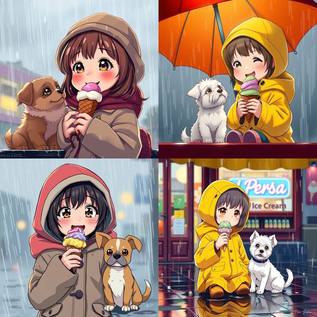 Surreal Girl's Rainy Day Ice Cream Moment in Anime Style