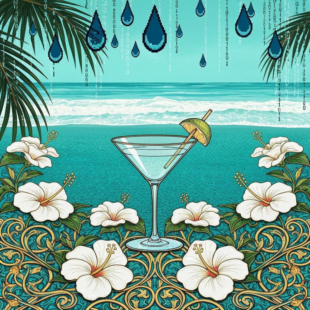 Tropical Teal Beach with Glitches and Martini Drink
