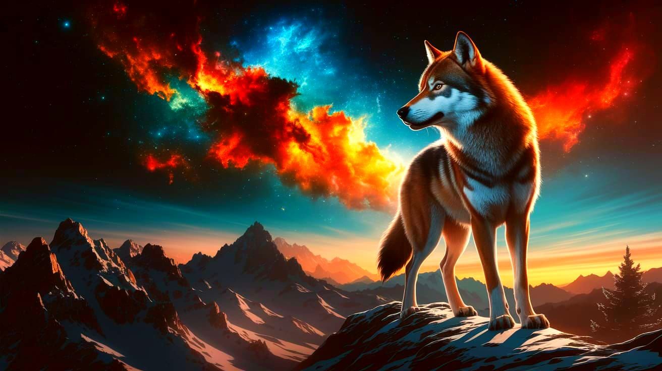 Wolf Warrior Under Cosmic Winter Night Sky