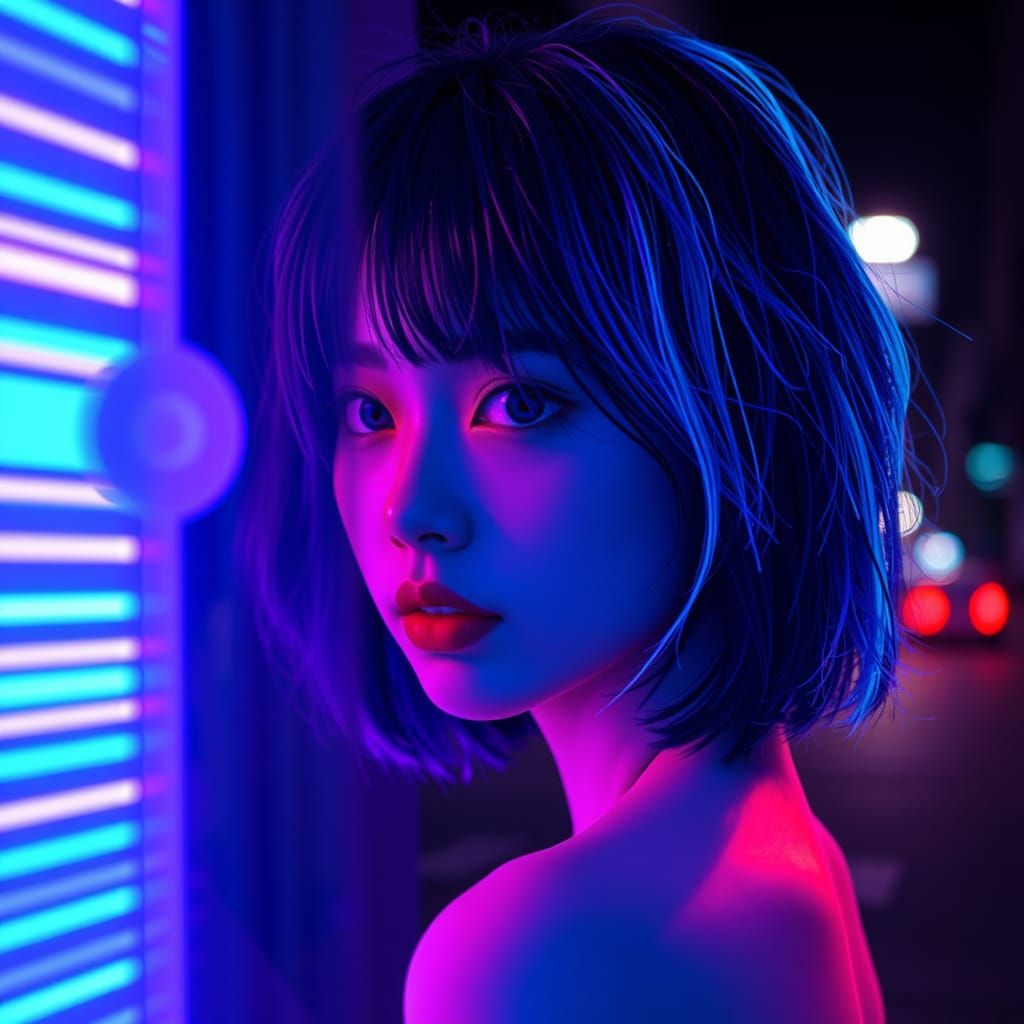 Anime Woman with Neon Glitch Silhouette