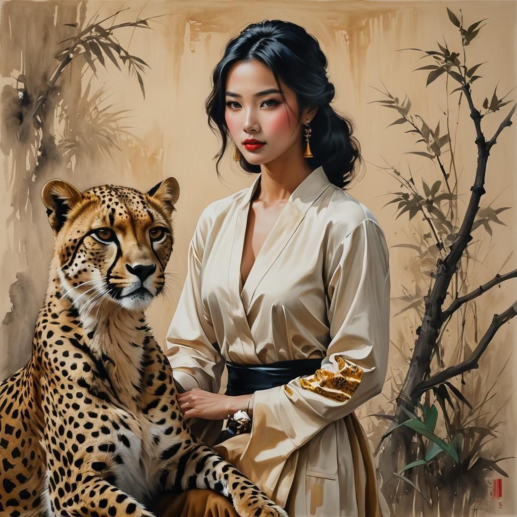 Woman and Cheetah Painting in Karl Bang Style