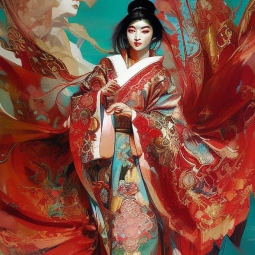 Asian Woman in Kimono in Palace: Detailed Digital Art