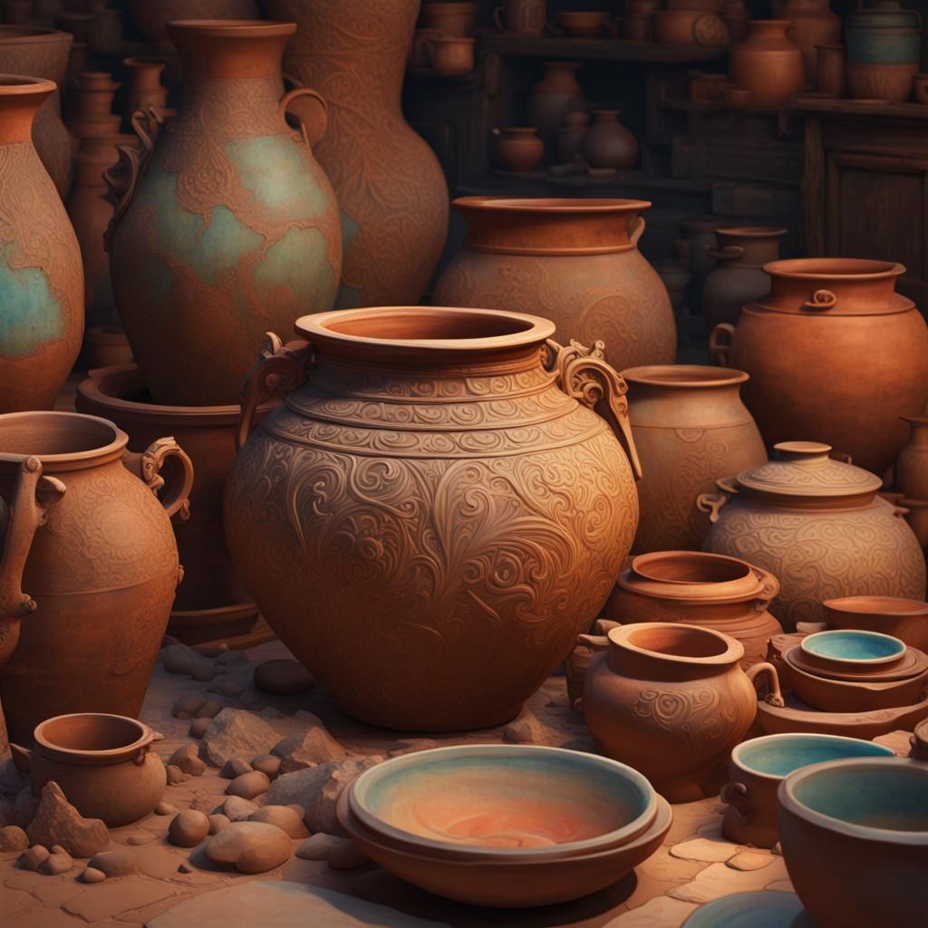 Eccentric Clay Pottery in Watercolor Style
