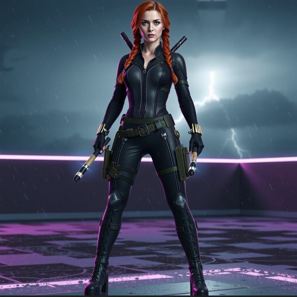 Modernized Black Widow on Rooftop in Photorealistic Style
