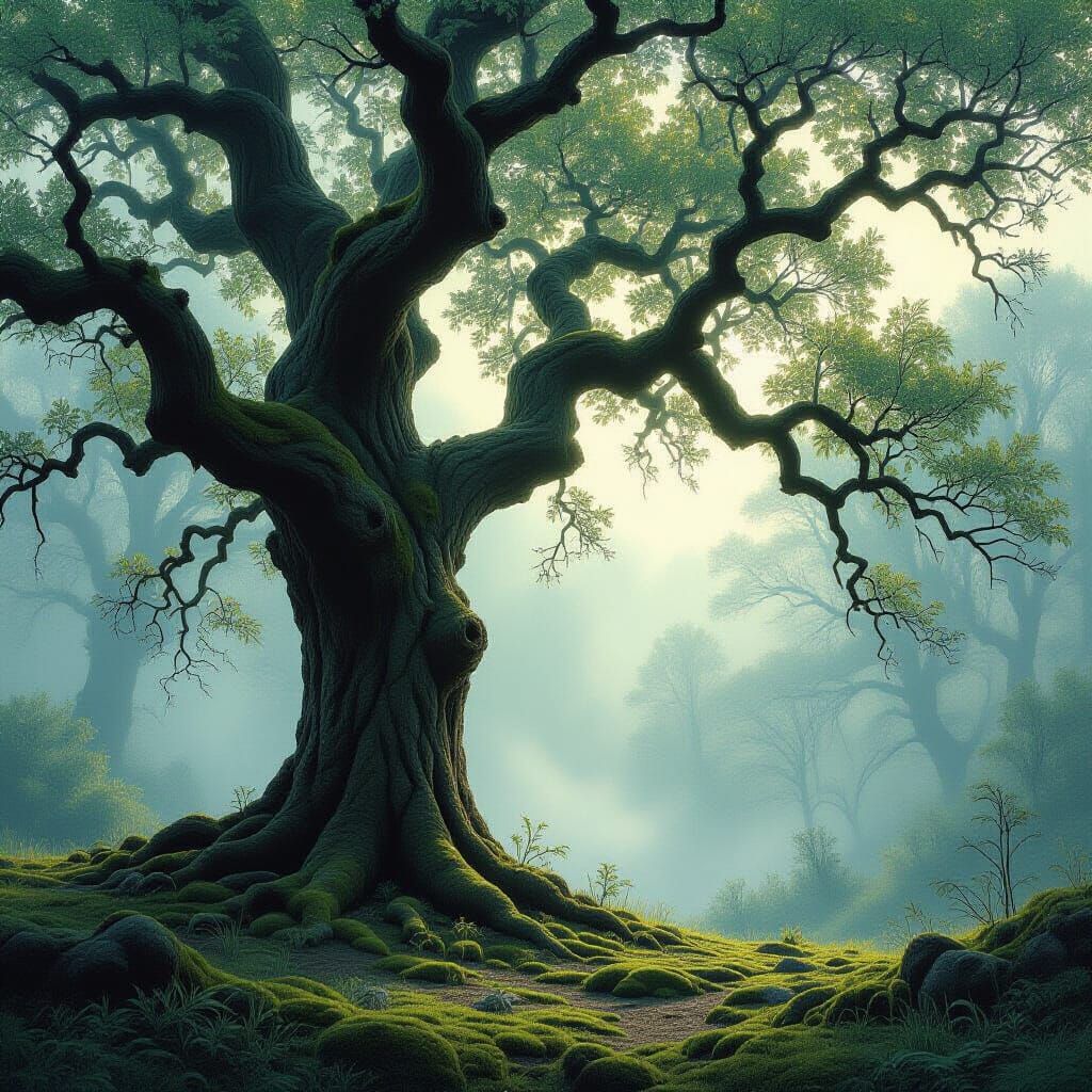 Ancient Oak in Misty Forest Clearing, Fantasy Art Style