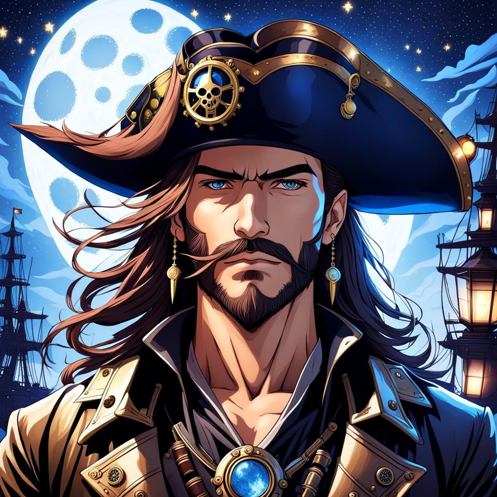 Steampunk Pirate Under Starry Night Sky