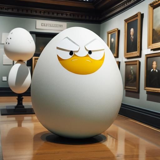 Angry Egg Attacks a Museum in Cartoon Style