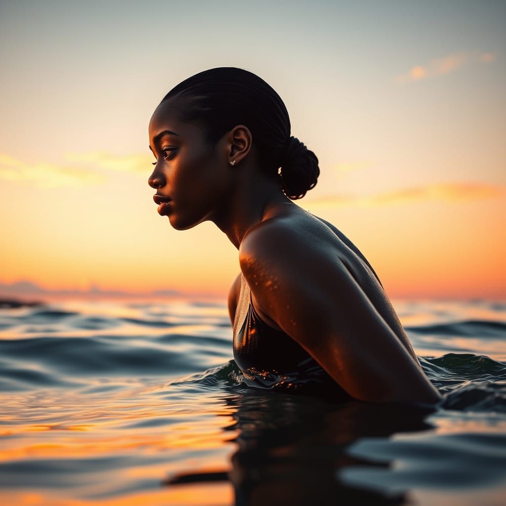 Sleek Black Swimsuit Beauty in Sunset Glow