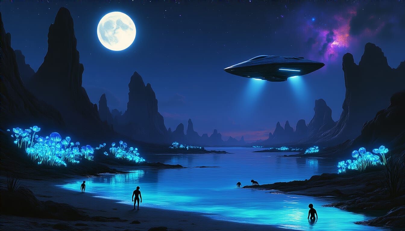 Alien Lagoon at Night: Bioluminescent Sci-Fi Landscape