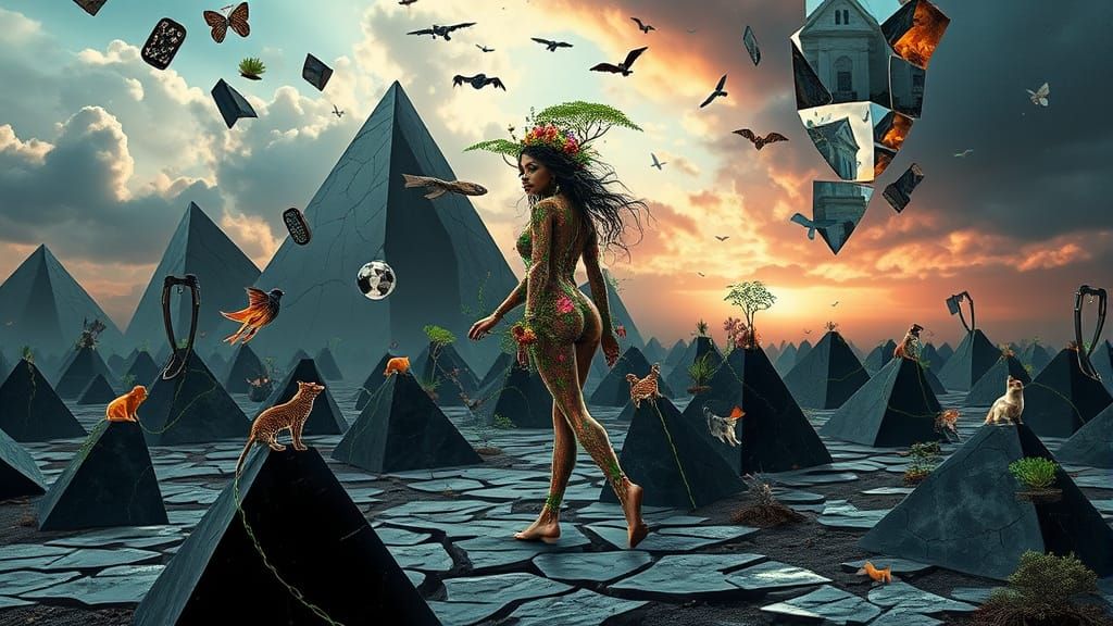 Dreamlike Goddess Emerges from Collage of Tools and Pyramids